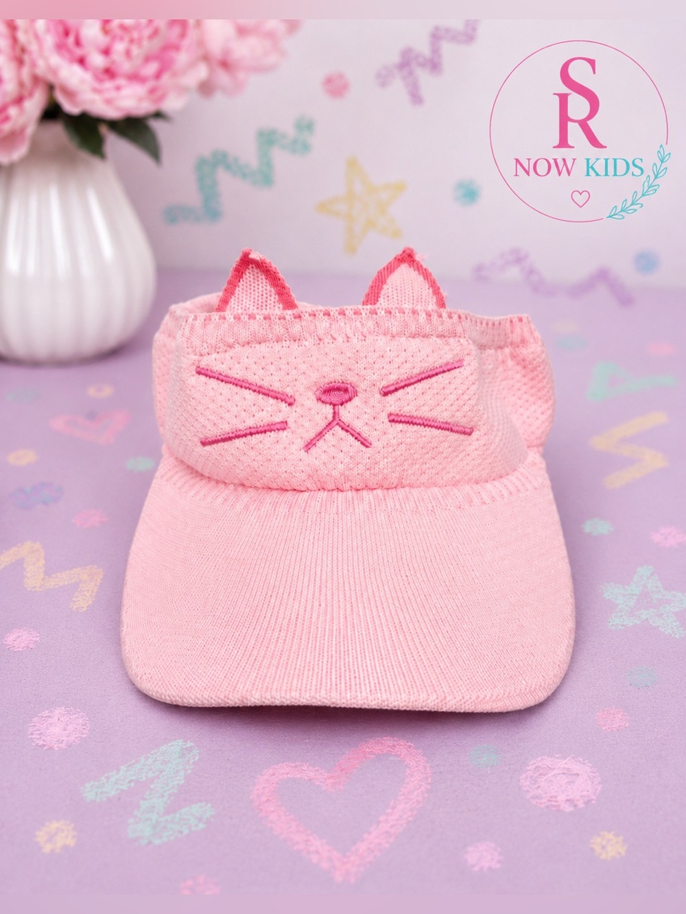 Pink Cat Ear Knit Sun Visor Hat Girls Toddler Youth Stretch Cute Summer Cap